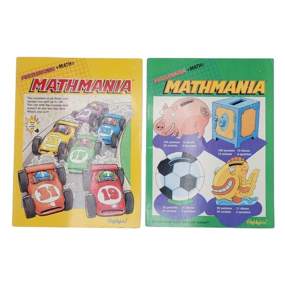 2/$15 Highlights Mathmania Lot of 2 Books 1999 Yellow Green Homeschool Math VTG - Picture 1 of 8
